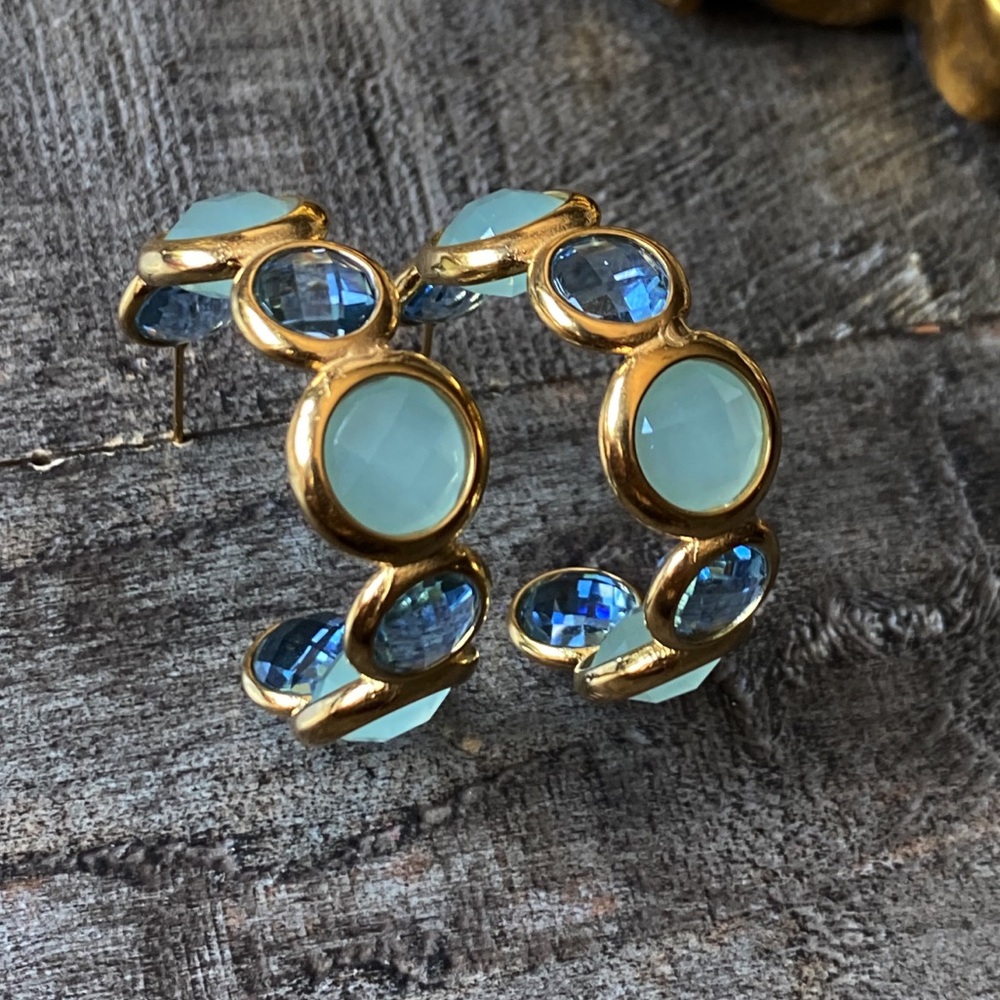 NEW Gold & Blue Stones Chunky Hoop Earrings - Picture 4 of 16